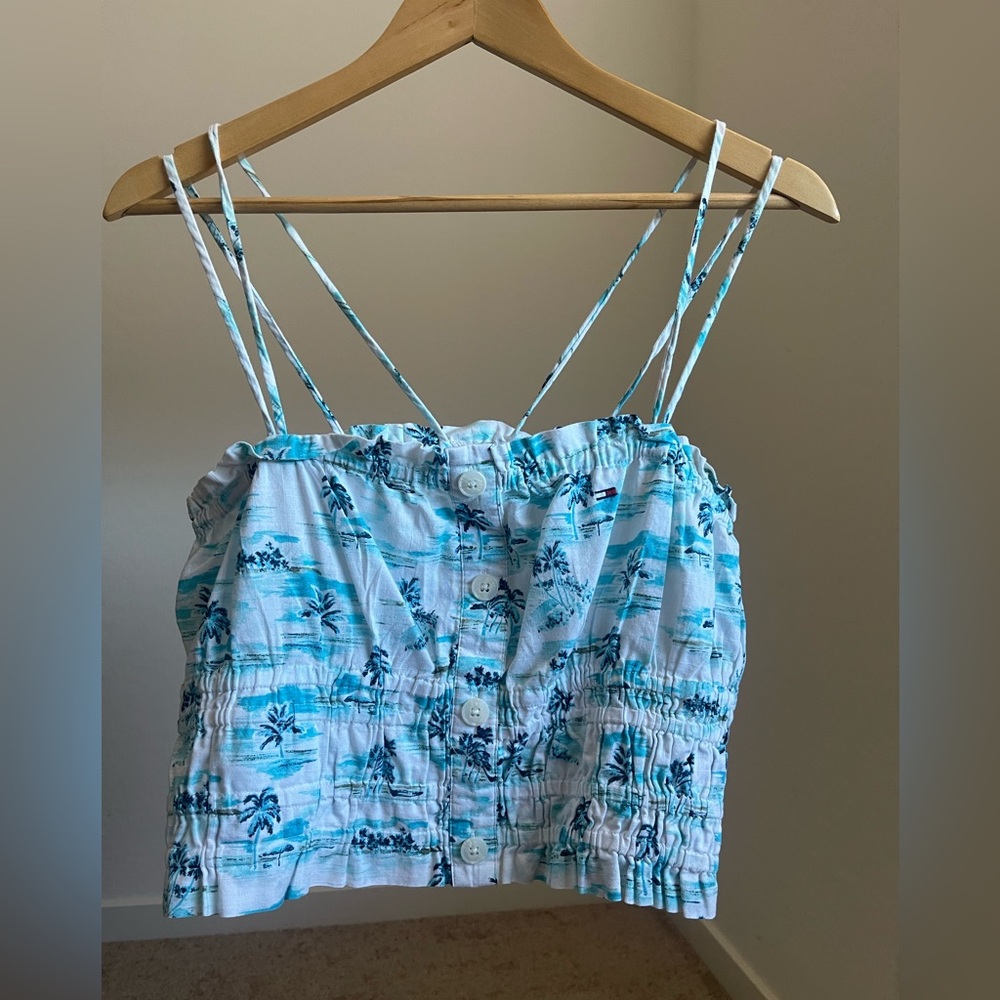 Tommy Hilfiger Blue Tropical Print Cropped Smocked Tank